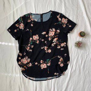 Shein Navy Floral Short Sleeve Blouse